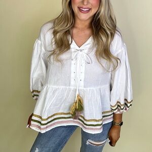 Easel White Peasant Blouse with Gold and Pink Accents